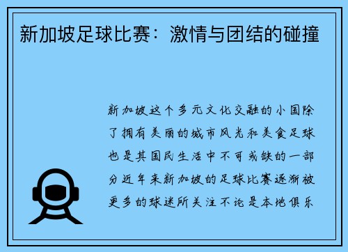 新加坡足球比赛：激情与团结的碰撞