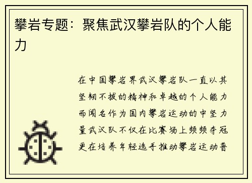 攀岩专题：聚焦武汉攀岩队的个人能力