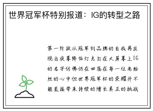 世界冠军杯特别报道：IG的转型之路