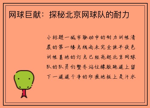 网球巨献：探秘北京网球队的耐力