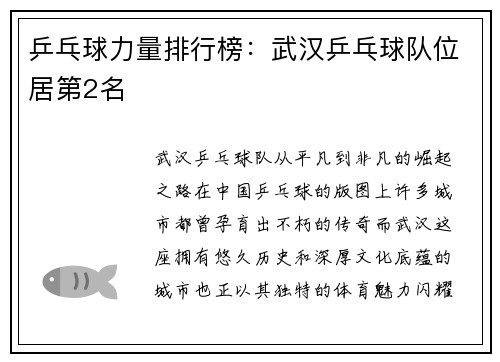 乒乓球力量排行榜：武汉乒乓球队位居第2名