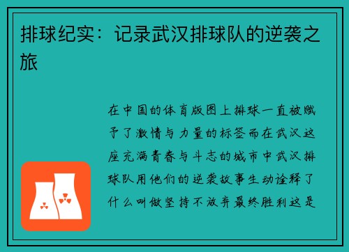 排球纪实：记录武汉排球队的逆袭之旅